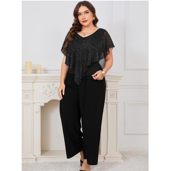 ZOMVA - 3X Black Sparkly Mesh V Neck Wide Leg Mother of The Bride Pantsuit - Picture 7 of 11